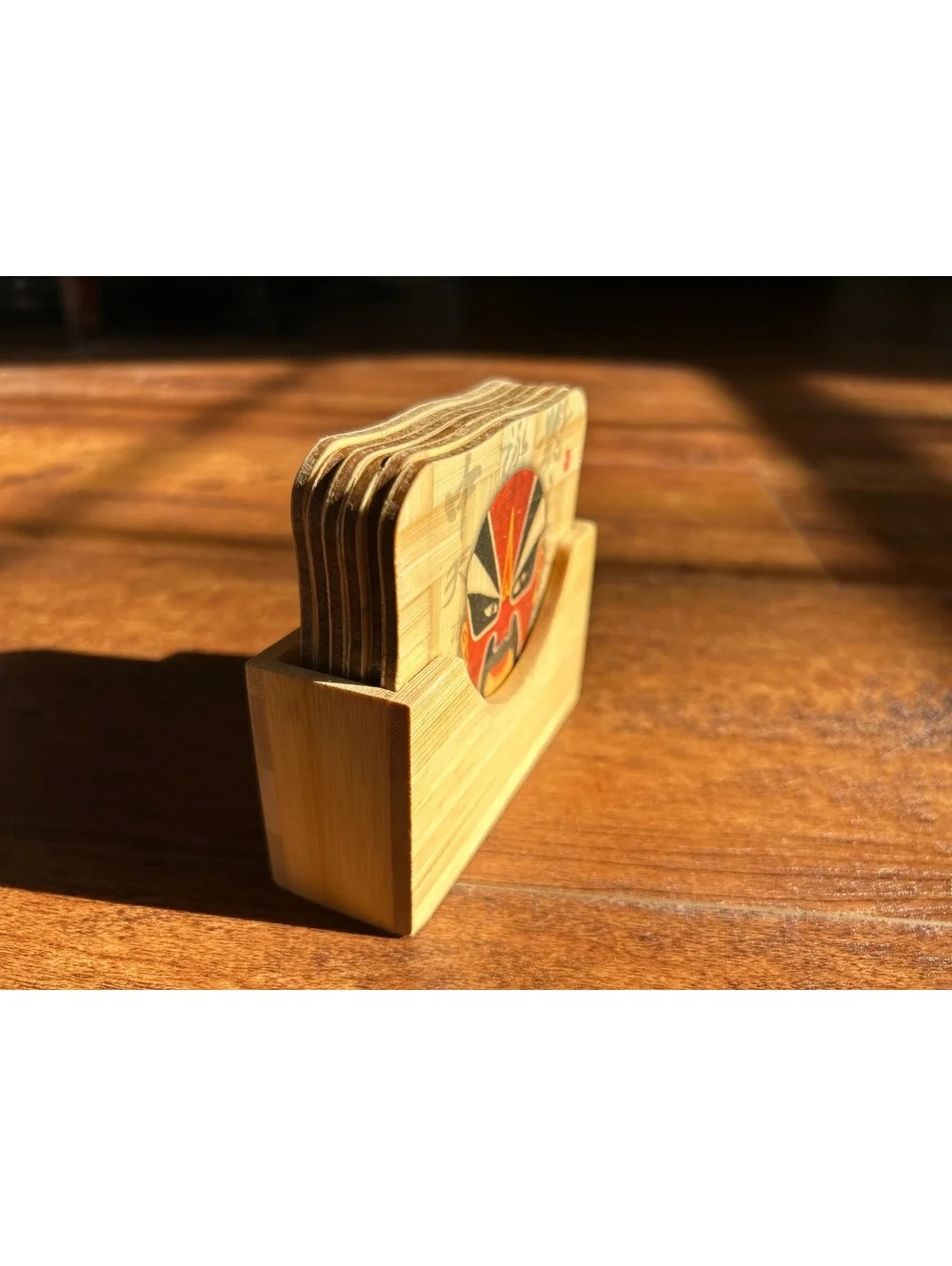 Natural Bamboo Coaster Set with Traditional Mask Design - 6 Pieces